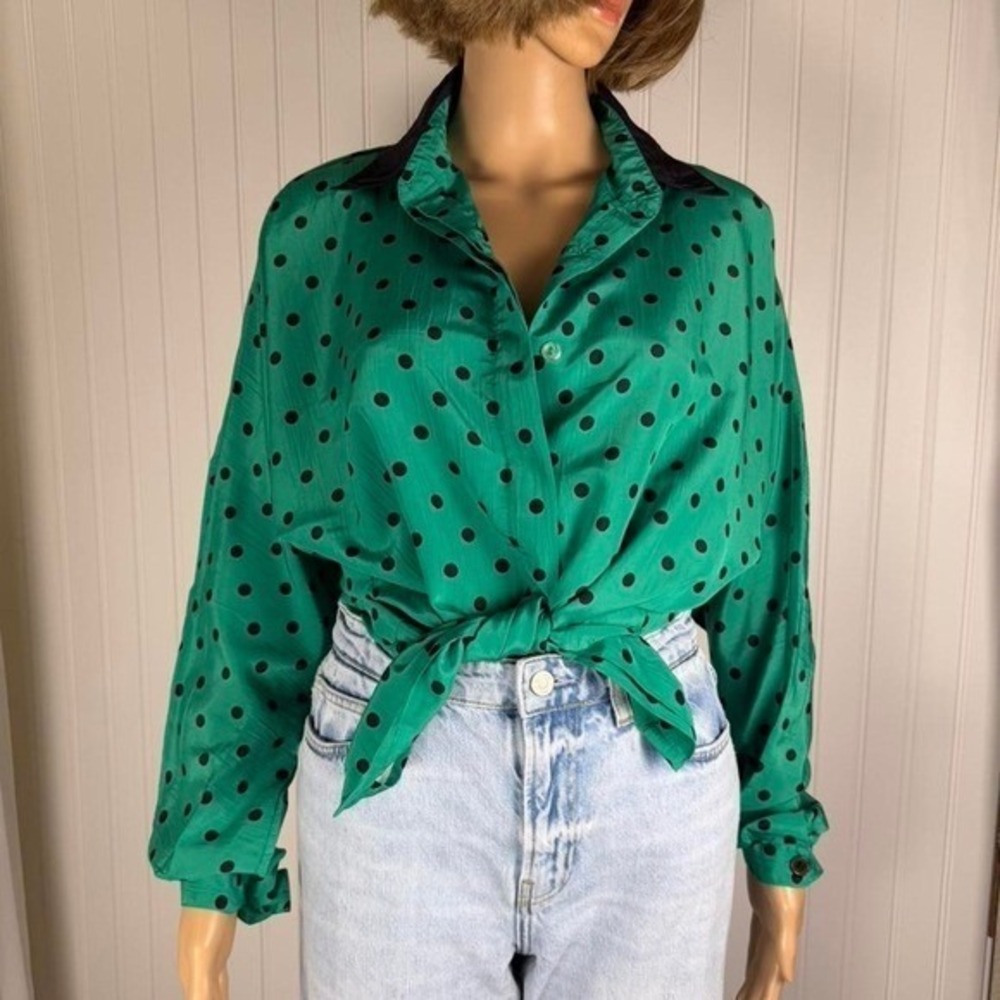 CHAUS emerald green polka dot vintage blouse